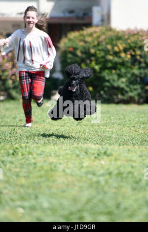 Bambina corre e gioca con il suo cane in un giardino Foto Stock