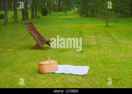 Cesto per pic-nic con blu bianco tovagliolo a scacchi sull'erba. Estate park in background Foto Stock