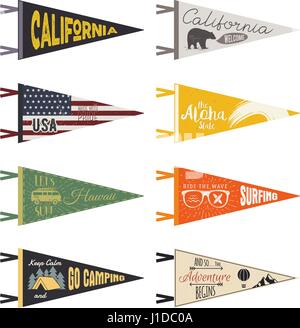 Set di avventura fiamme. Vector Pennant esplorare le bandiere di design. Vintage surf, caravan, modelli rv. Stati Uniti, California pennant con Summer Camp simboli rimorchio, segnaletica, orso. Estate hawaii vecchio stile. Illustrazione Vettoriale