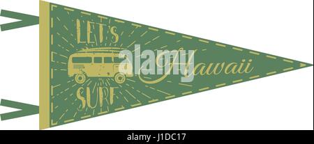 Hawaii pennant design. Campeggio bandiera design. Retrò design a t. Vintage bus furgone t-shirt design. Stampa di viaggio con simbolo di rv. Vettore grafico tempo libero concetto isolato. Retrò all'aperto Illustrazione Vettoriale