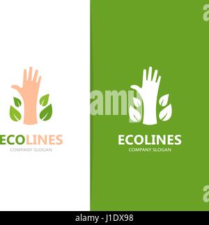 Vettore di mano e foglie di combinazione di logo. Braccio e eco di simbolo o icona. Unico e organico logotipo di supporto del modello di progettazione. Illustrazione Vettoriale