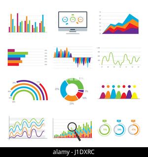 Dati aziendali del mercato barra degli elementi grafici a torta diagrammi e grafici icone piatta in illustrazione vettoriale. Illustrazione Vettoriale