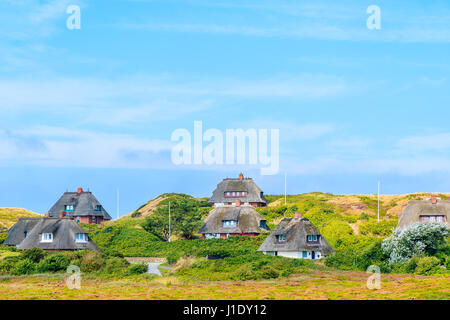 Frisone tipiche case con tetti di paglia sulle dune di sabbia a Kampen village, isola di Sylt, Germania Foto Stock