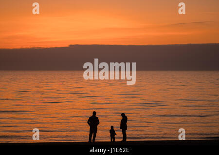 Aberystwyth Wales UK, giovedì 20 aprile 2017 UK Meteo: dopo un opaco e nebbioso per iniziare la giornata, una famiglia a piedi sulla spiaggia in Aberystwyth come dietro e poi la luce dorata del tramonto che illumina spettacolarmente su acque calme di Cardigan Bay sulla West Wales coast UK Photo credit: keith morris/Alamy Live News Foto Stock