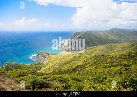 Cape Reinga, il punto di incontro del Mare di Tasman e l'Oceano Pacifico, nel Northland, Isola del nord della Nuova Zelanda Foto Stock