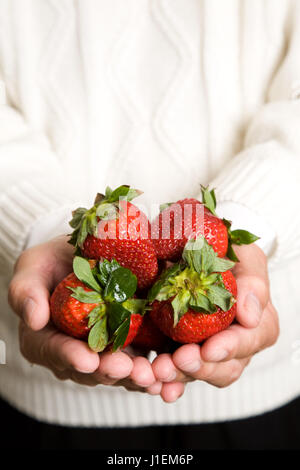 Un colpo di un uomo in possesso di un mazzetto di fragole Foto Stock