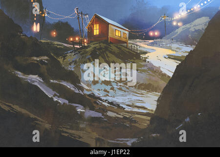 Paesaggio notturno di case di legno in montagna in inverno, illustrazione pittura Foto Stock