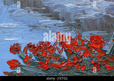 Sfondo astratto di vernici a olio. Tulipani fiori ed erba verde in primo piano. Grandi tratti di pennello. Tripudio di colori. Transizioni di colore. Impressio Foto Stock