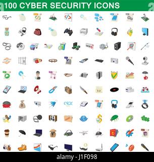 100 cyber security set di icone, stile cartoon Illustrazione Vettoriale