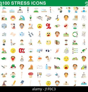 100 stress set di icone, stile cartoon Illustrazione Vettoriale
