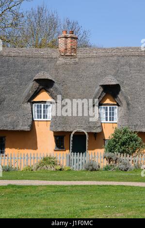 Cottage con il tetto di paglia accanto a verde, Barrington, Cambridgeshire Foto Stock