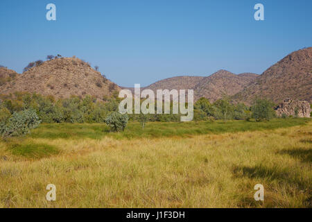 Letto asciutto del fiume Meandro attraverso il bellissimo paesaggio del fiume Huab valley in Damaraland, Namibia settentrionale. Foto Stock