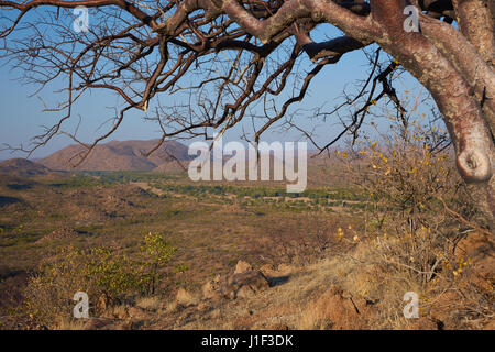 Letto asciutto del fiume Meandro attraverso il bellissimo paesaggio del fiume Huab valley in Damaraland, Namibia settentrionale. Foto Stock