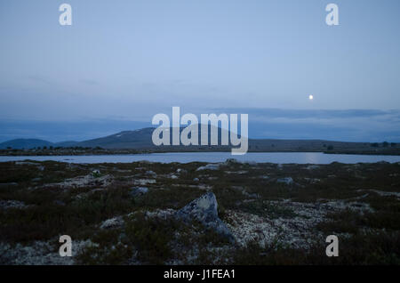 Nordic lago alpino contro il picco di montagna nella notte estiva moonshine Foto Stock