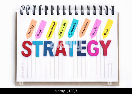Strategia di parole sul notebook con la scrittura di stabilità austerità obiettivo conseguibile teamwork istruzione resa di crescita su sfondo bianco, Busine Foto Stock