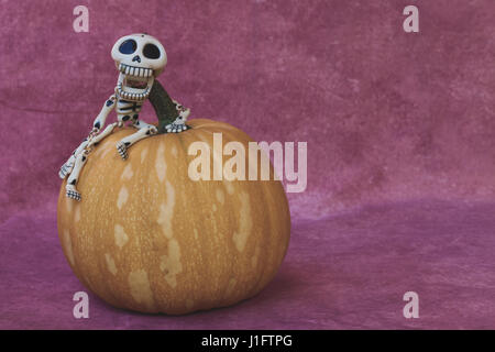 Lo scheletro di divertente seduta sulla cima di una zucca come una composizione di halloween, isolato su sfondo viola Foto Stock