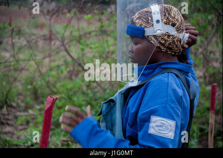 Una femmina deminer nei pressi di Cahora Bassa, Mozambico. Il paese è stato dichiarato libero dalle mine nel 2015 Foto Stock