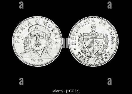 Valuta cubana di tre pesos con il volto di Ernesto Che Guevara Foto Stock