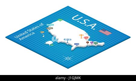 Mappa isometrica degli USA - 3D illustrazione vettoriale Illustrazione Vettoriale