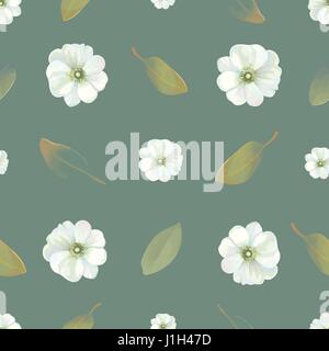 Naturale modello senza cuciture con delicati fiori e foglie fresche contro sfondo verde scuro. Bella la texture. Illustrazione Vettoriale in elegante stile di stampa di tessuto, carta da parati, la carta di avvolgimento. Illustrazione Vettoriale