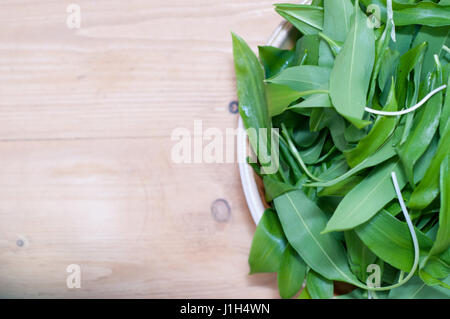 Aglio selvatico, ramsons sul tavolo di legno closeup Foto Stock