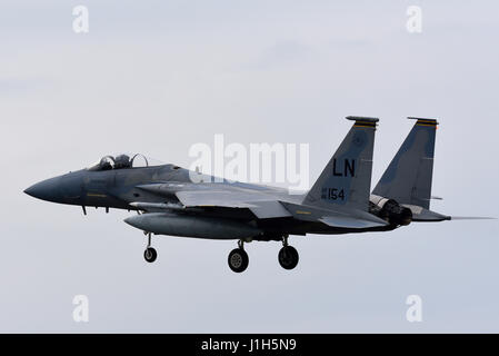 United States Air Force Boeing MDD F-15C Eagle del 493rd Fighter Squadron 'Grim Reaper' a RAF Lakenheath, Suffolk, Regno Unito. Spazio per la copia Foto Stock