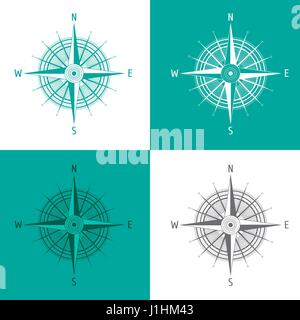 Serie dettagliata Bussola rosa dei venti isolati su bianco. Illustrazione Vettoriale