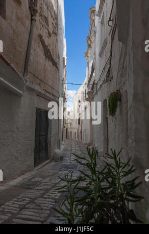 Via Bixio Continelli, un pittoresco viale nel centro storico di Ostuni, Puglia, Italia Foto Stock