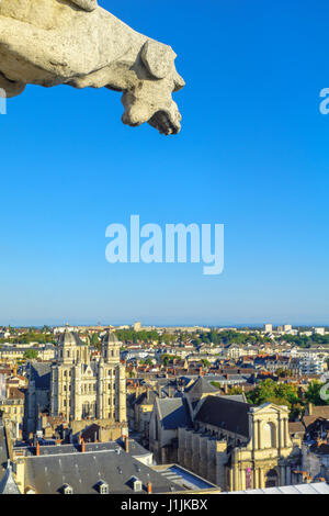 Una veduta aerea del centro storico della città, con un gargoyle e il San Michel chiesa, a Digione, Borgogna, Francia Foto Stock