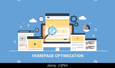 Ottimizzazione Homepage - landing page seo - sviluppo di un sito web Concetto - illustrazione vettoriale - banner web Illustrazione Vettoriale