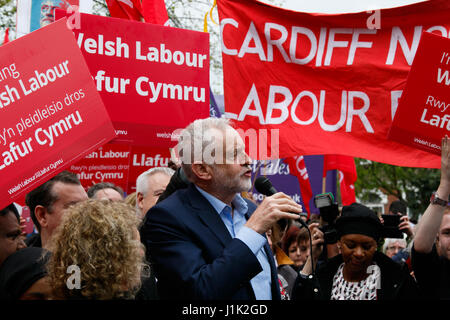 Whitchurch comune, Cardiff, Galles del Sud, Regno Unito. Il 21 aprile 2017. Leader laburista Jeremy Corbyn stava parlando a migliaia di oggi ad un raduno di lavoro per la sua prima visita in Galles della campagna elettorale. Credito: Andrew Bartlett/Alamy Live News Foto Stock