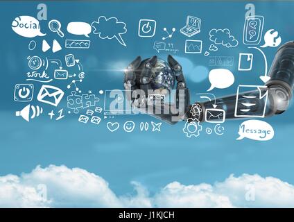 Composito Digitale di Android mano che regge il pianeta Terra e social media le icone del testo con disegni grafici Foto Stock
