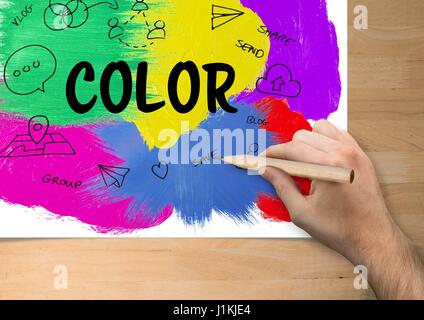 Digital composito di grafici a colori su un foglio di carta. Mano di disegno Foto Stock