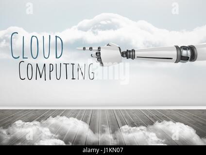 Digital composito di Android di puntamento a mano e il Cloud Computing il testo con le nuvole Foto Stock