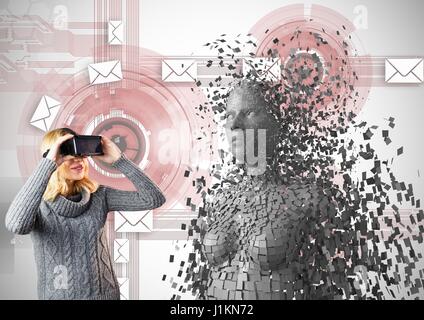 Digital composito della donna che guarda la 3d femmina sparsi su occhiali VR Foto Stock