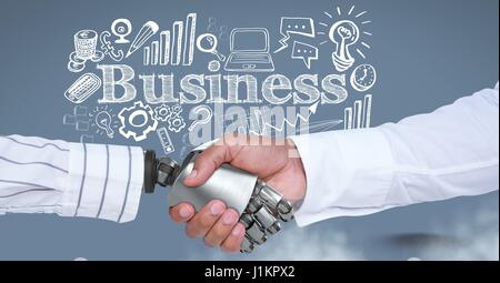 Composito Digitale di handshake Android e imprenditore con business disegni grafici e testo Foto Stock