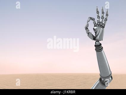 Composito Digitale del robot androide gesto mano OK con il deserto sullo sfondo del cielo Foto Stock