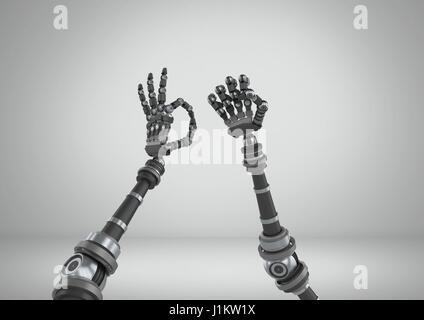 Composito Digitale del robot androide mani wonky stiramento con sfondo grigio Foto Stock