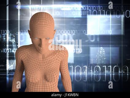 Digital composite of 3D orange female AI against window with binary code and flares Foto Stock