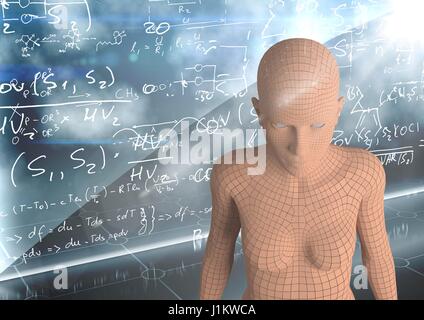 Composito Digitale 3D femmina arancione AI contro la parete con la matematica scarabocchi Foto Stock