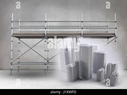 Composito Digitale degli edifici nella parte anteriore del ponteggio in camera grigia Foto Stock