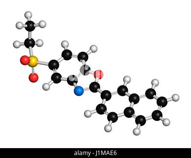 Ezutromid Duchene distrofia muscolare molecola di farmaco. Attivatore di utrophin. Il rendering 3D. Gli atomi sono rappresentati come sfere con i tradizionali colori: idrogeno (bianco), carbonio (nero), Azoto (blu), Ossigeno (rosso), zolfo (giallo). Foto Stock