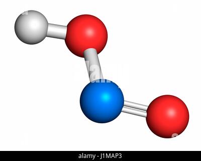 Acido nitrico (HNO2) acido minerale molecola. Gli atomi sono rappresentati come sfere con i tradizionali colori: idrogeno (bianco), Ossigeno (rosso), Azoto (blu). Foto Stock