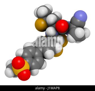 Odanacatib osteoporosi e metastasi ossee molecola di farmaco. Inibitore della catepsina K. il rendering 3D. Gli atomi sono rappresentati come sfere con i tradizionali colori: idrogeno (bianco), carbonio (grigio), Azoto (blu), Ossigeno (rosso), zolfo (giallo), fluoro Foto Stock