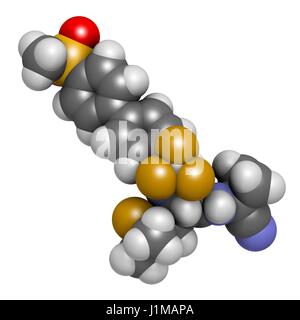 Odanacatib osteoporosi e metastasi ossee molecola di farmaco. Inibitore della catepsina K. il rendering 3D. Gli atomi sono rappresentati come sfere con i tradizionali colori: idrogeno (bianco), carbonio (grigio), Azoto (blu), Ossigeno (rosso), zolfo (giallo), fluoro Foto Stock