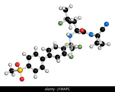Odanacatib osteoporosi e metastasi ossee molecola di farmaco. Inibitore della catepsina K. il rendering 3D. Gli atomi sono rappresentati come sfere con i tradizionali colori: idrogeno (bianco), carbonio (nero), Azoto (blu), Ossigeno (rosso), zolfo (giallo), fluoro Foto Stock