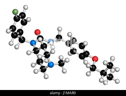 Pimavanserin farmaco antipsicotico atipico molecola. Il rendering 3D. Gli atomi sono rappresentati come sfere con i tradizionali colori: idrogeno (bianco), carbonio (nero), Azoto (blu), Ossigeno (rosso), fluoro (luce verde). Foto Stock