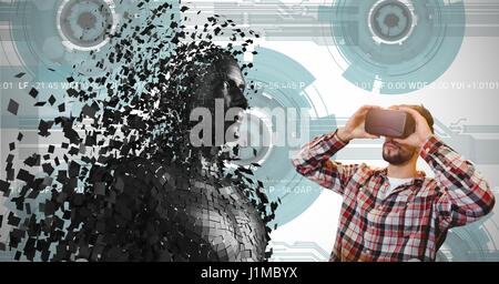 Digital composito di un uomo guarda il 3d sparsi in figura umana su occhiali VR Foto Stock