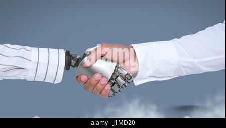 Composito Digitale del robot androide agitando a mano imprenditore Mano con sfondo blu Foto Stock