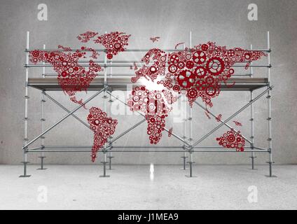 Composito Digitale della mappa rosso e flare contro impalcature in camera grigia Foto Stock